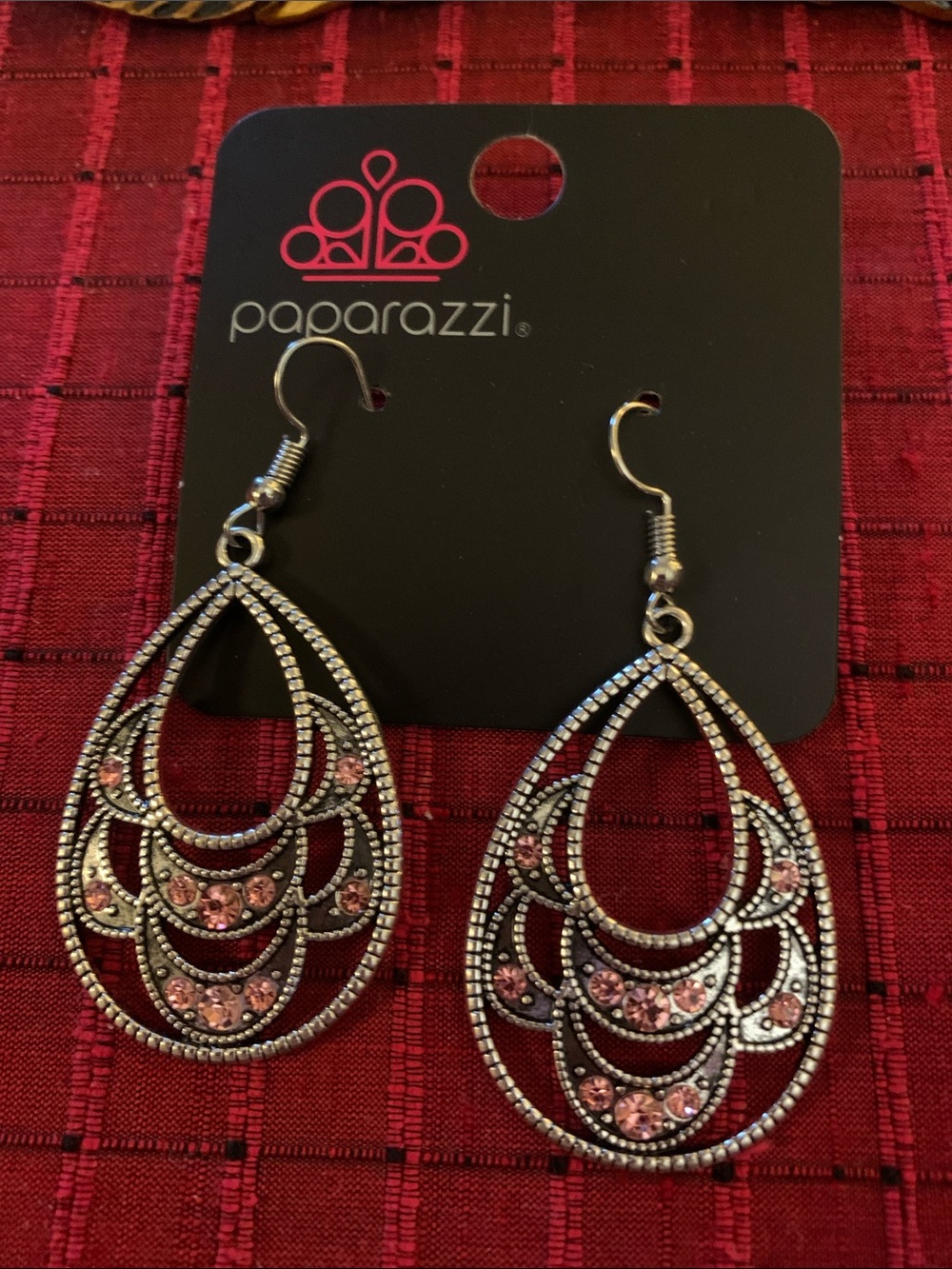 paparazzi Silver Teardrop Filigree Earrings with Pink Stones